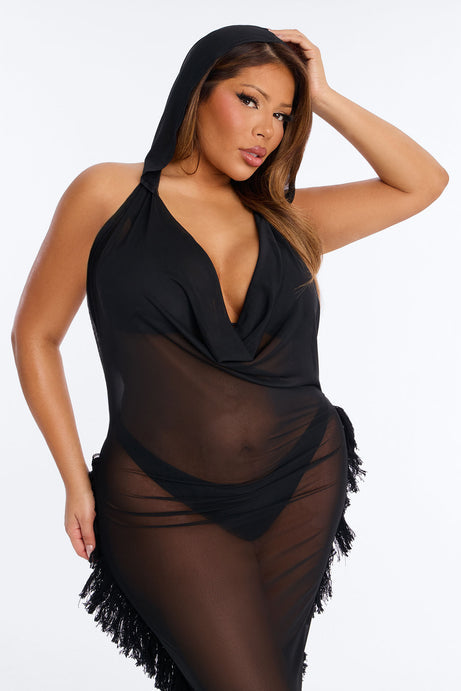 Keep Cool Fringe Hooded Mesh Cover Up Maxi Dress - Black