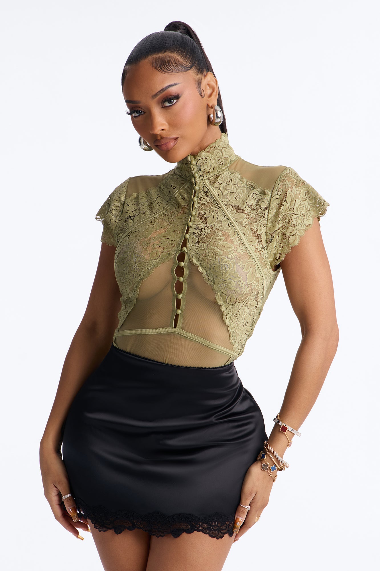 Mirabel Lace Button Up Mock Neck Short Sleeve Bodysuit - Sage