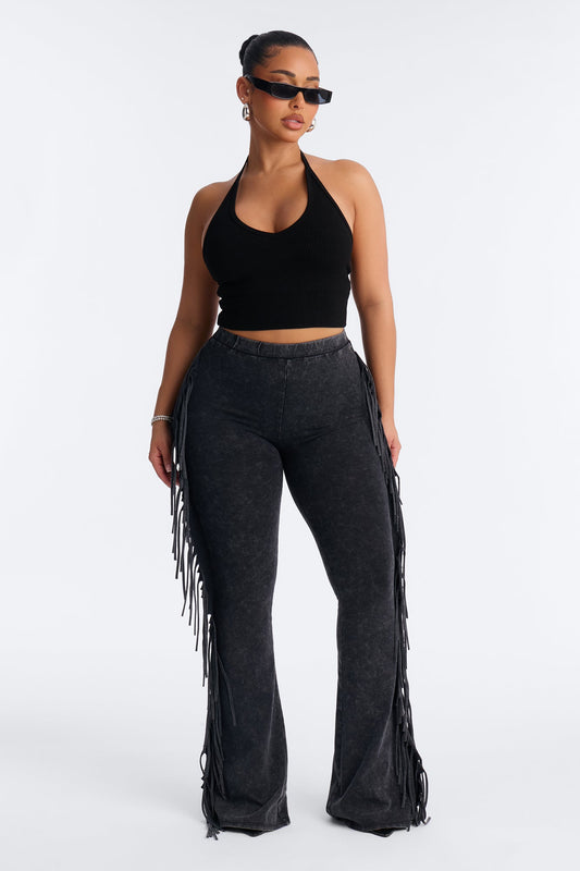 Josie Fringe Washed Mid Rise Flare Pant 33″ - Black Wash