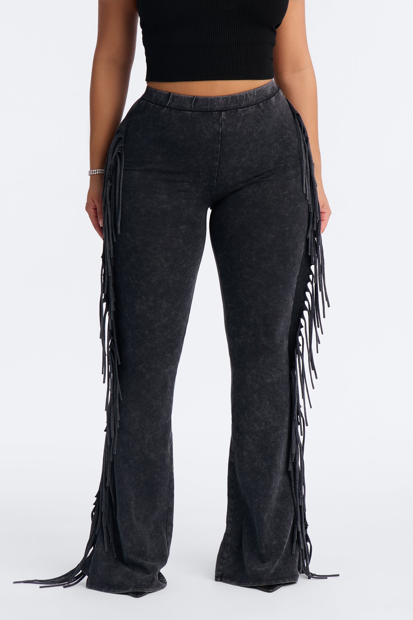 Josie Fringe Washed Mid Rise Flare Pant 33″ - Black Wash