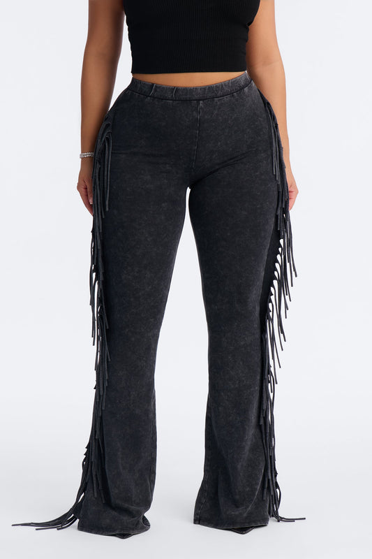 Josie Fringe Washed Mid Rise Flare Pant 33″ - Black Wash