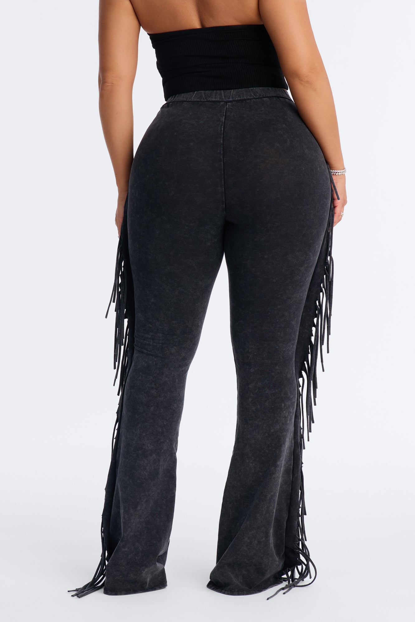 Josie Fringe Washed Mid Rise Flare Pant 33″ - Black Wash