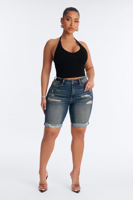 Almost There Stretch Denim Bermuda Shorts - Vintage Wash