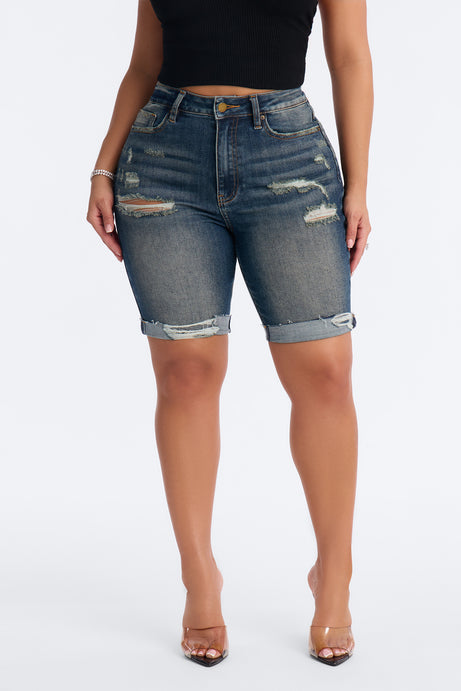 Almost There Stretch Denim Bermuda Shorts - Vintage Wash