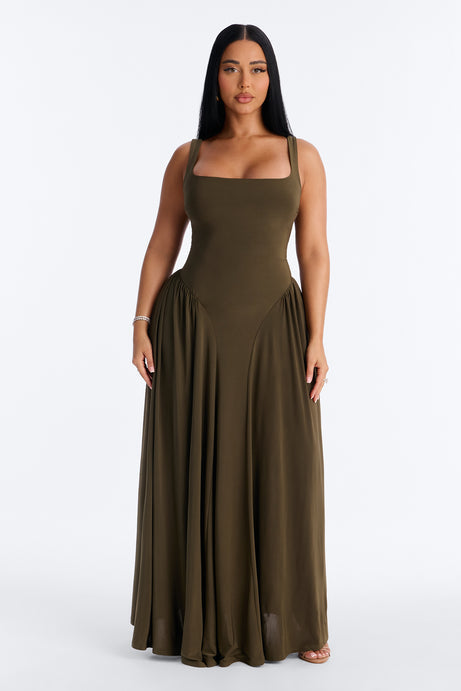 Jaclyn Drop Waist Pleated Maxi Dress - Olive