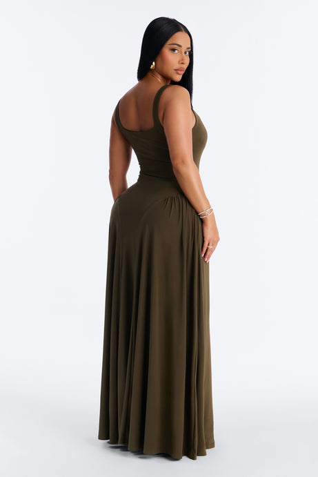 Jaclyn Drop Waist Pleated Maxi Dress - Olive