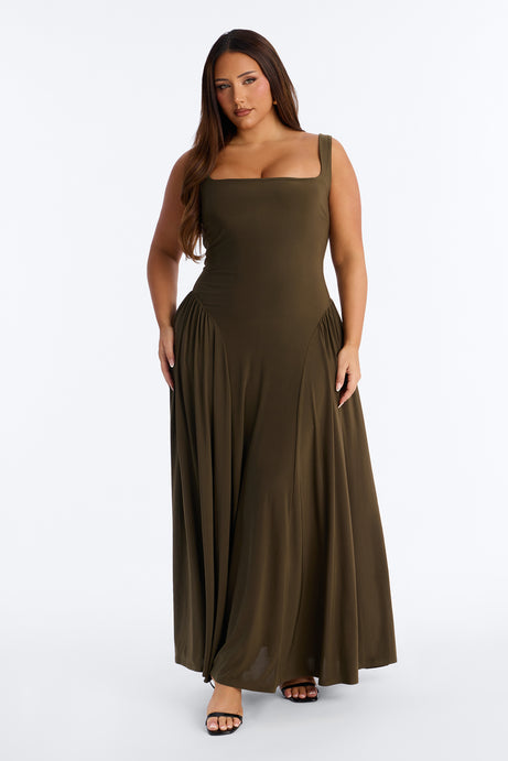 Jaclyn Drop Waist Pleated Maxi Dress - Olive