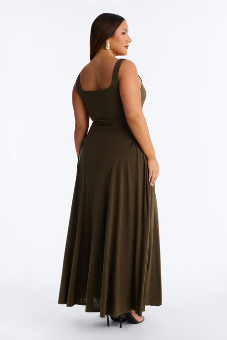 Jaclyn Drop Waist Pleated Maxi Dress - Olive