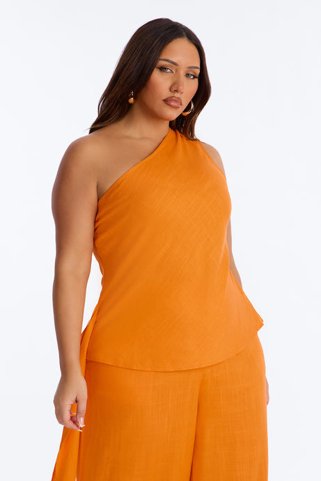 Zya One Shoulder Linen Balloon Pant Set - Orange