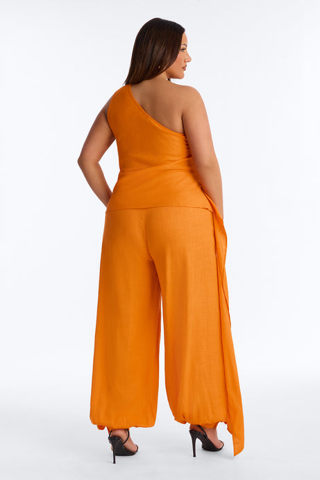 Zya One Shoulder Linen Balloon Pant Set - Orange