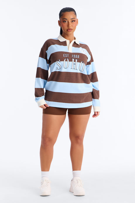 Soho Stripe Polo Fold Over Waistband Short Set - Brown Combo