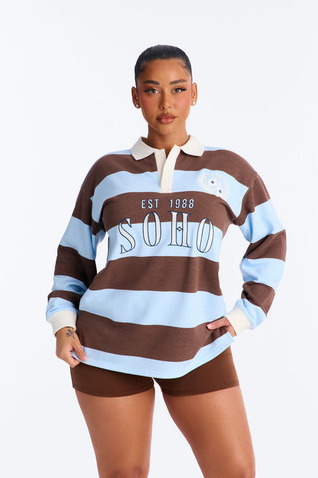 Soho Stripe Polo Fold Over Waistband Short Set - Brown Combo