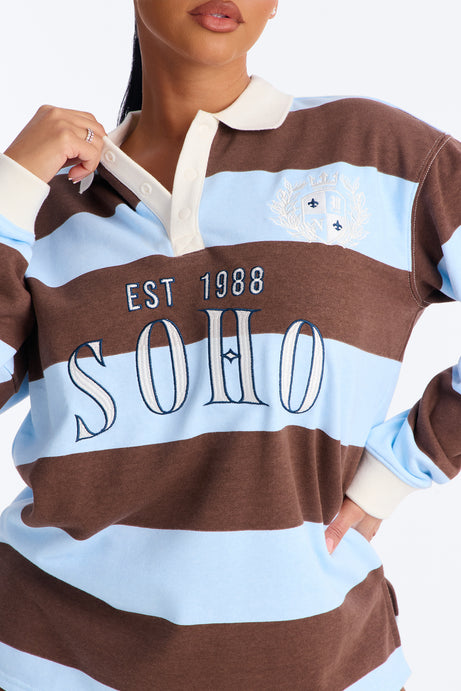 Soho Stripe Polo Fold Over Waistband Short Set - Brown Combo