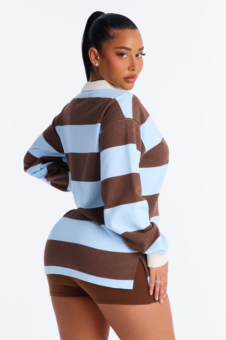 Soho Stripe Polo Fold Over Waistband Short Set - Brown Combo