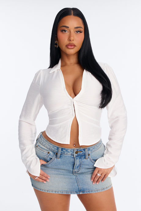 Make It Happen Ruched Linen Top - White