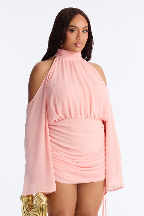 Kyra Cold Shoulder Chiffon Mini Dress - Pink