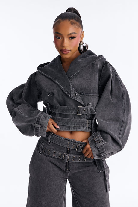Loving London Hooded Denim Crop Trench - Grey