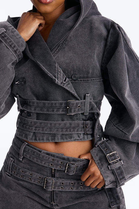 Loving London Hooded Denim Crop Trench - Grey