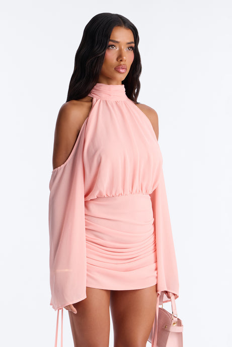 Kyra Cold Shoulder Chiffon Mini Dress - Pink