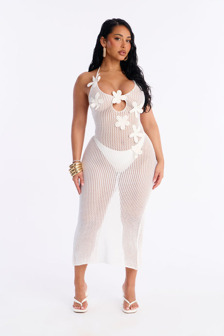 Warm Sunny Days 3D Floral Applique Halter Neck Crochet Maxi Swim Cover Up Dress - Off White