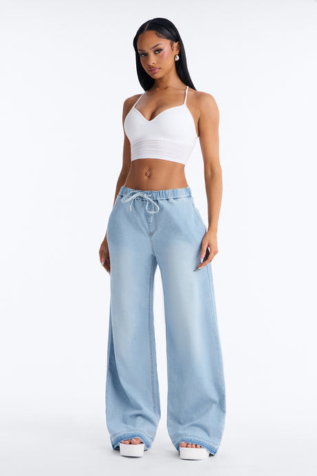 Marina Stretch Crosshatch Tie Waist Jeans - Light Blue Wash