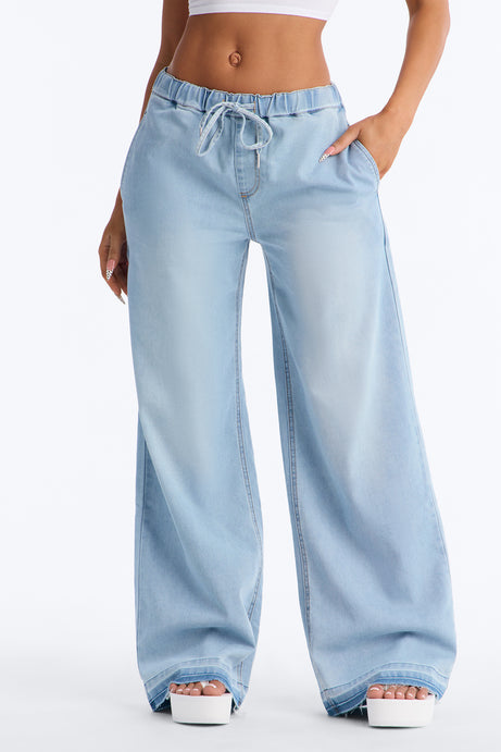 Marina Stretch Crosshatch Tie Waist Jeans - Light Blue Wash