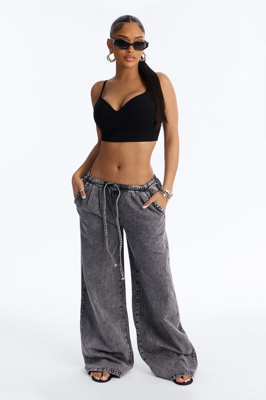 Baeside Tie Waist Wide Leg Jeans - Black Wash