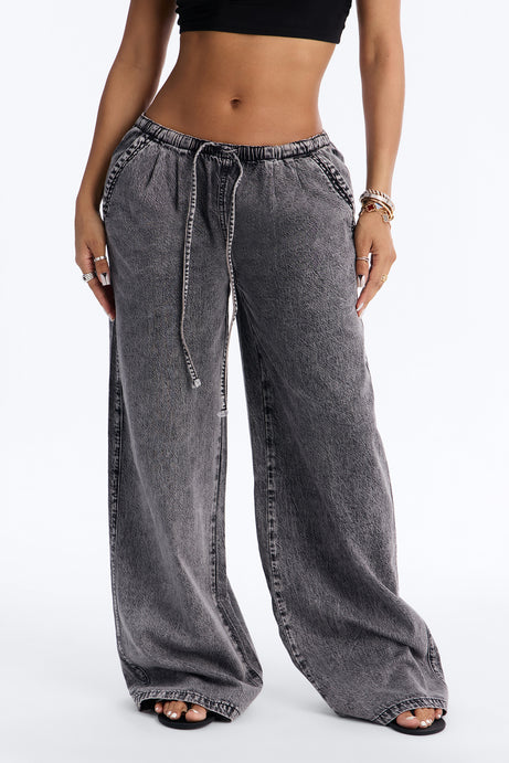 Baeside Tie Waist Wide Leg Jeans - Black Wash