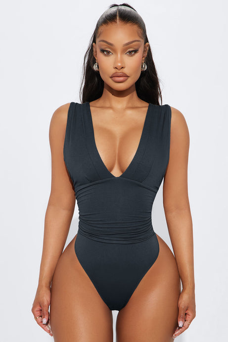 Cabana Girl Ruched V-Neck Bodysuit - Charcoal