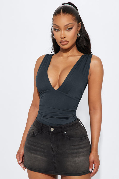 Cabana Girl Ruched V-Neck Bodysuit - Charcoal