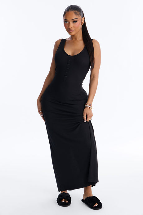 Morning Routine Ribbed Henley Maxi PJ Sleep Dress - Black