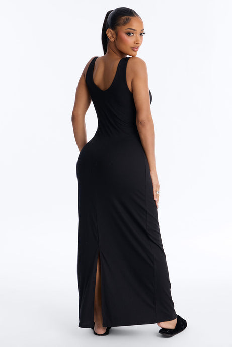 Morning Routine Ribbed Henley Maxi PJ Sleep Dress - Black
