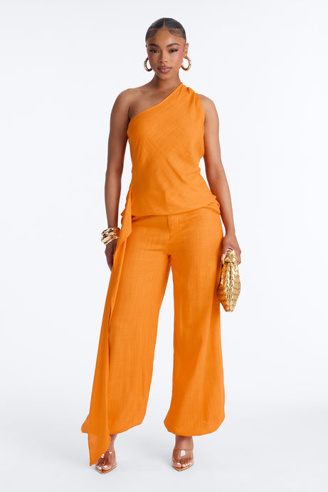 Zya One Shoulder Linen Balloon Pant Set - Orange