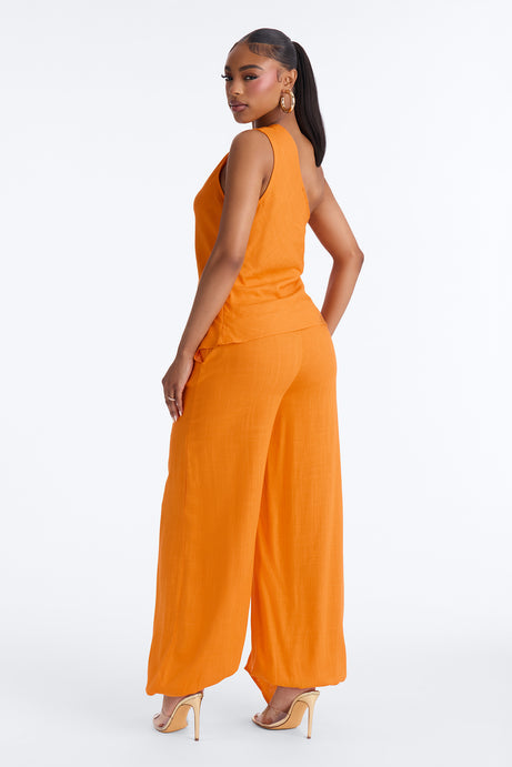 Zya One Shoulder Linen Balloon Pant Set - Orange
