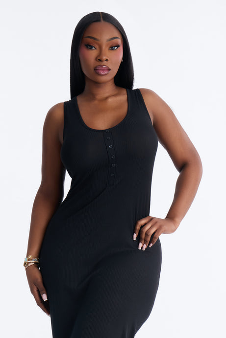 Morning Routine Ribbed Henley Maxi PJ Sleep Dress - Black