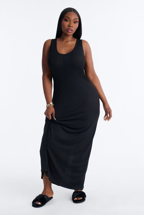 Morning Routine Ribbed Henley Maxi PJ Sleep Dress - Black
