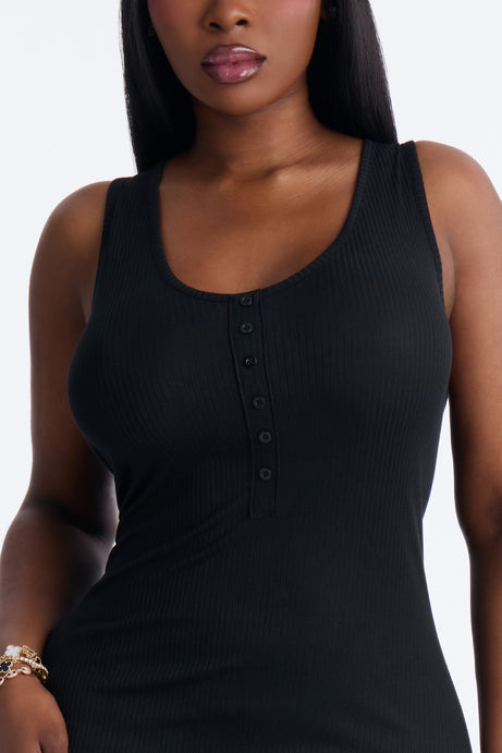 Morning Routine Ribbed Henley Maxi PJ Sleep Dress - Black