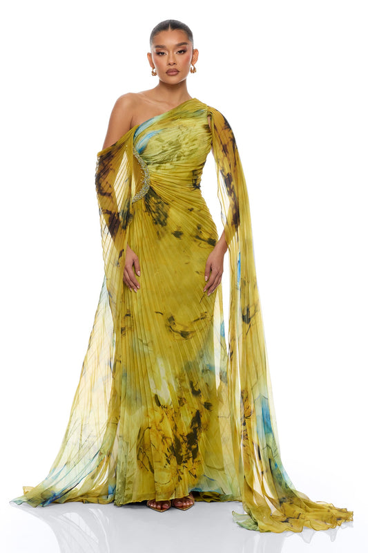 Cleo Draped Pleated Maxi Dress - Green/combo