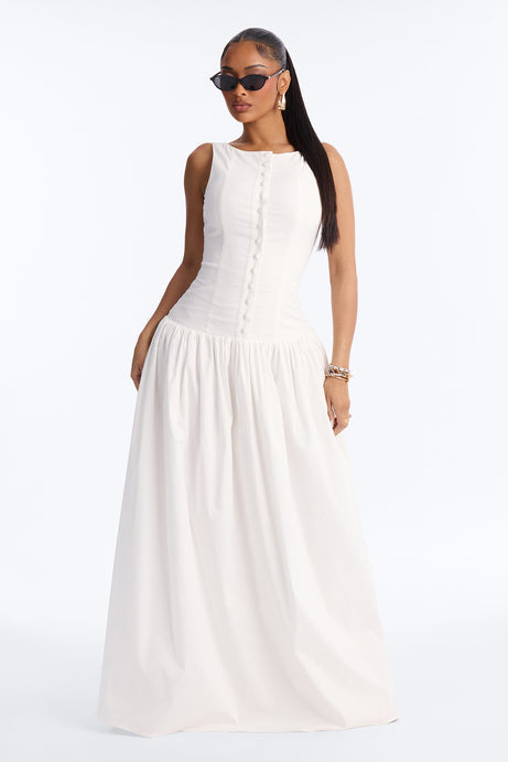 Everly Drop Waist Button Up Maxi Dress - White