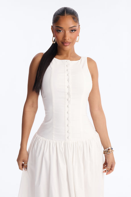 Everly Drop Waist Button Up Maxi Dress - White