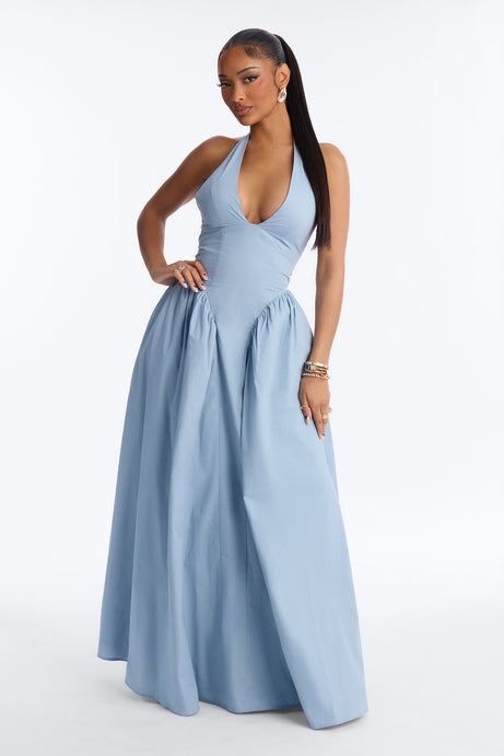 Maisie Drop Waist Poplin Maxi Dress - Blue