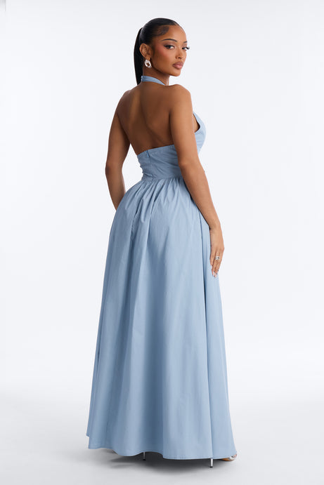 Maisie Drop Waist Poplin Maxi Dress - Blue