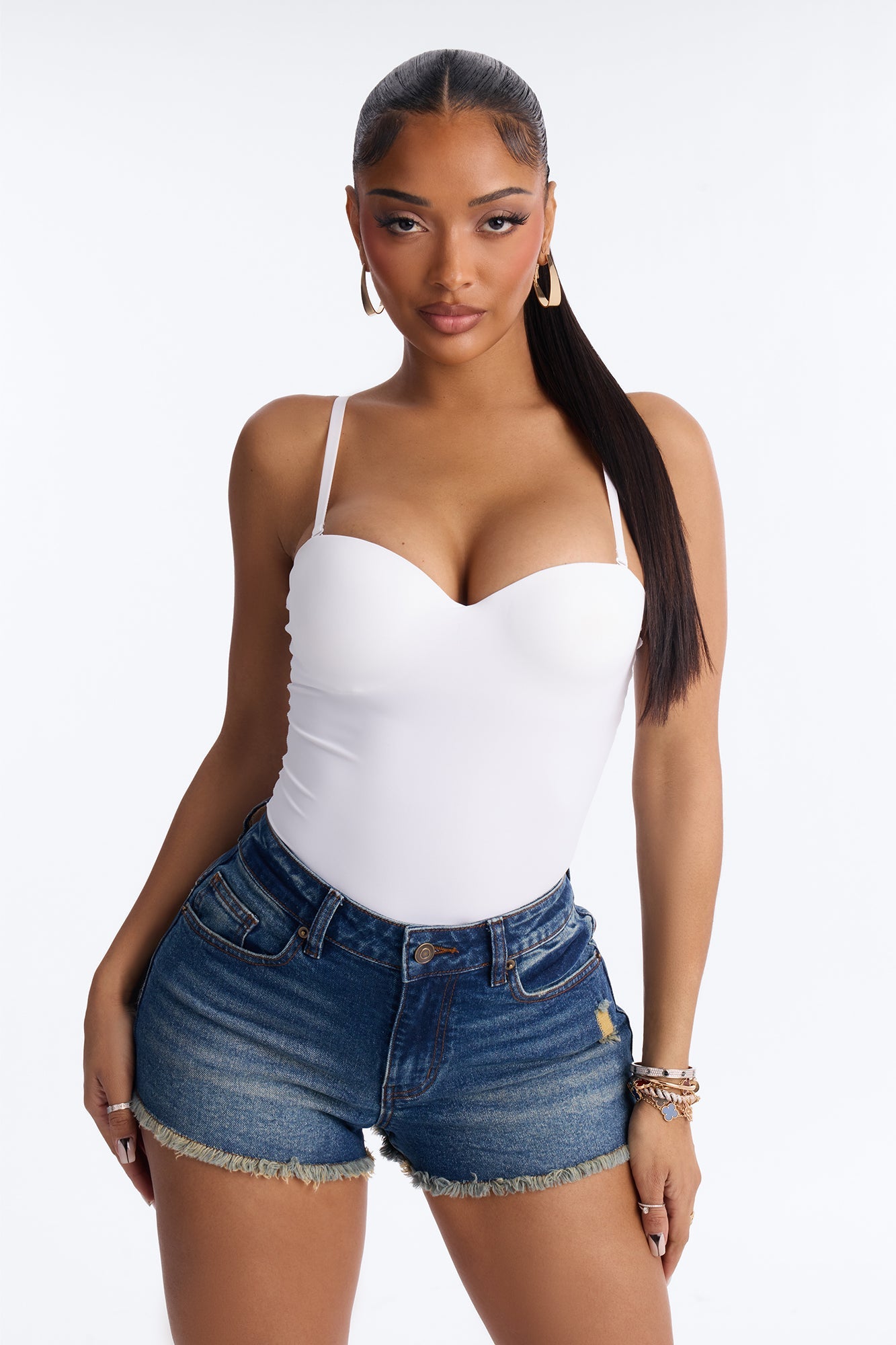 Josie Padded Sweetheart Neck Spaghetti Strap Bodysuit - White