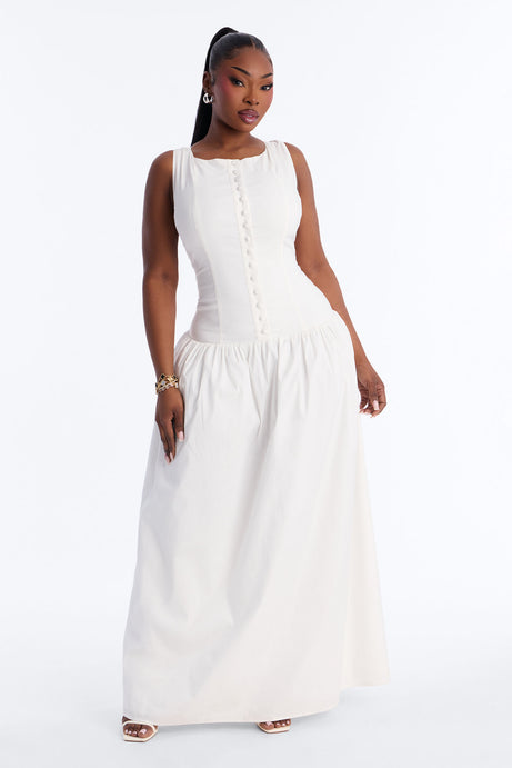 Everly Drop Waist Button Up Maxi Dress - White