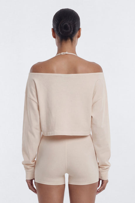 Cotton Jersey Off Shoulder Long Sleeve Crop Top - Oat Milk