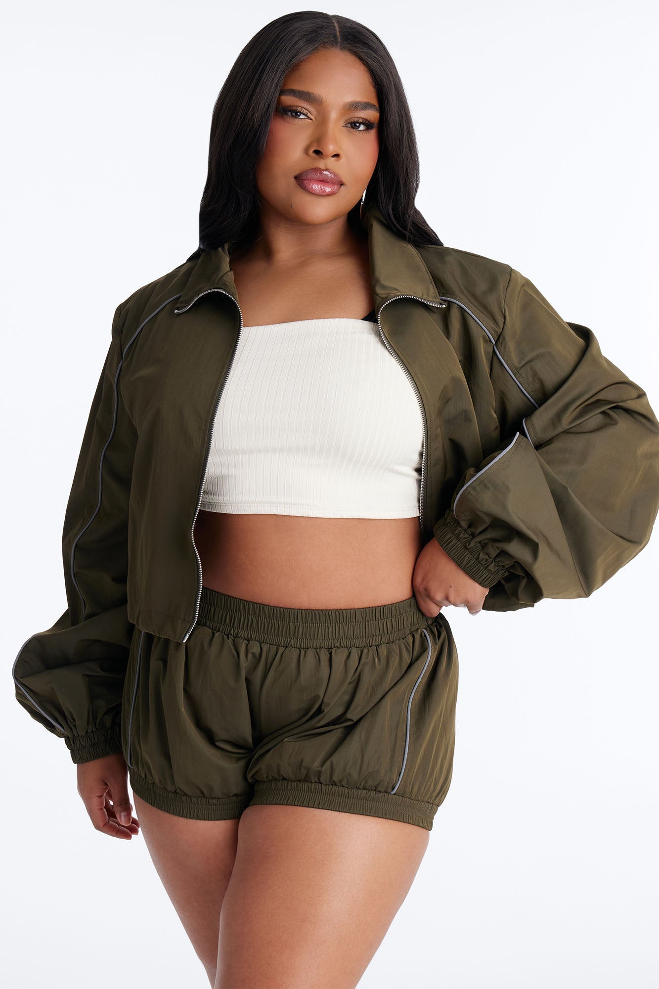 Make A Move Windbreaker Cropped Funnel Neck Jacket - Olive