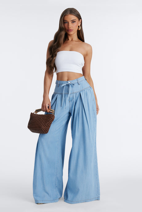 Golden Hour Chambray Tie Waist Pant 33″ - Light Wash