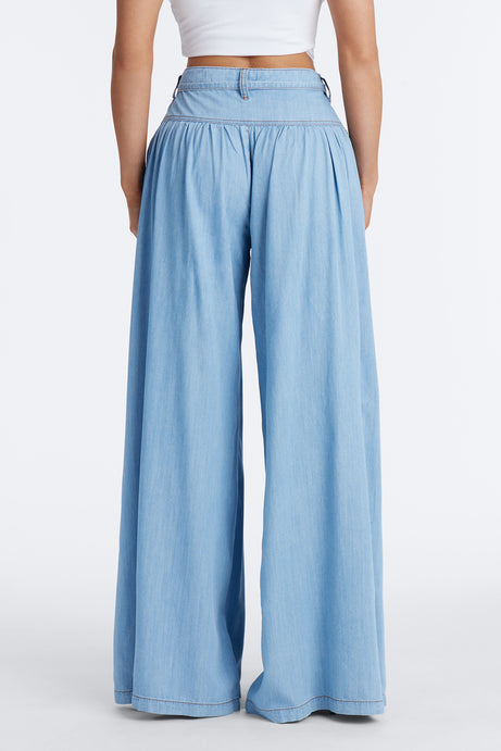 Golden Hour Chambray Tie Waist Pant 33″ - Light Wash