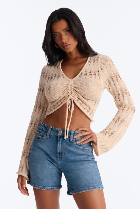 Spring Kissed Ruched Crochet Sweater Top - Natural