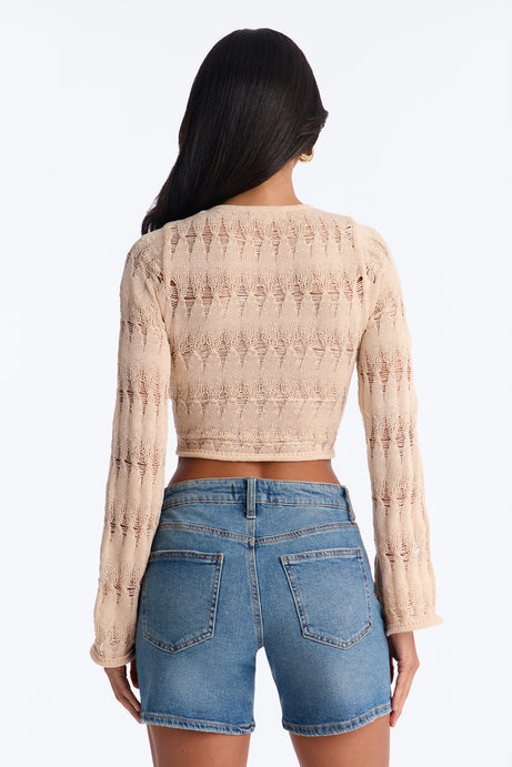 Spring Kissed Ruched Crochet Sweater Top - Natural